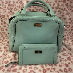 Kate Spade Aqua Blue Studded Leather Satchel with Matching Wallet
